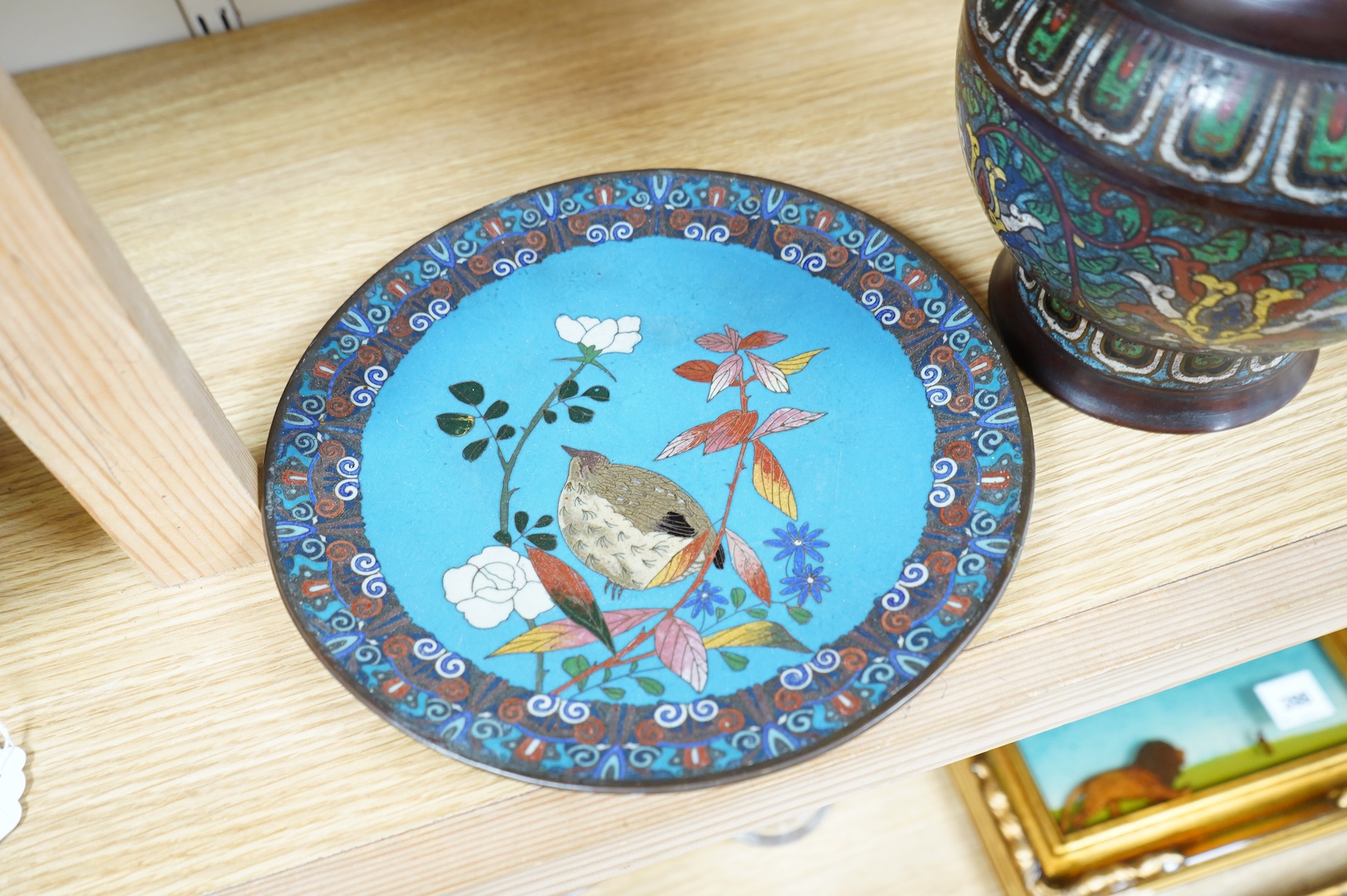 A Japanese archaistic bronze and champlevé enamel cloisonné two handled vase together with a Japanese cloisonné enamel dish, depicting a bird amongst flowers, 30cm high